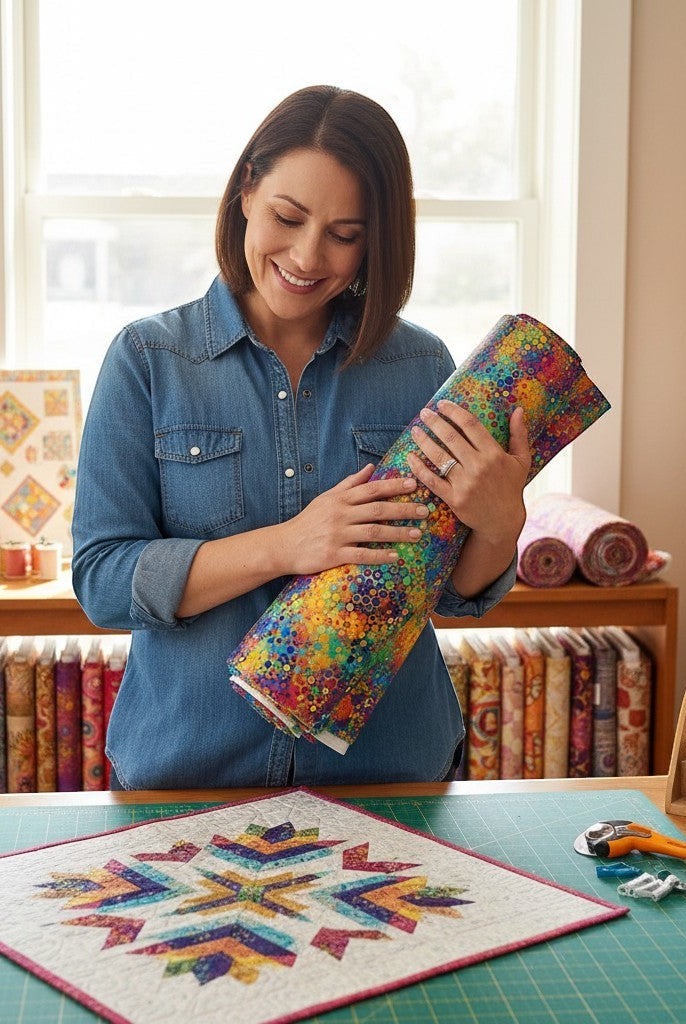 Carmon's Quilt Shop Fiesta Phantasma wide 108" cotton fabric roll with geometric honeycomb pattern in vibrant rainbow colors.