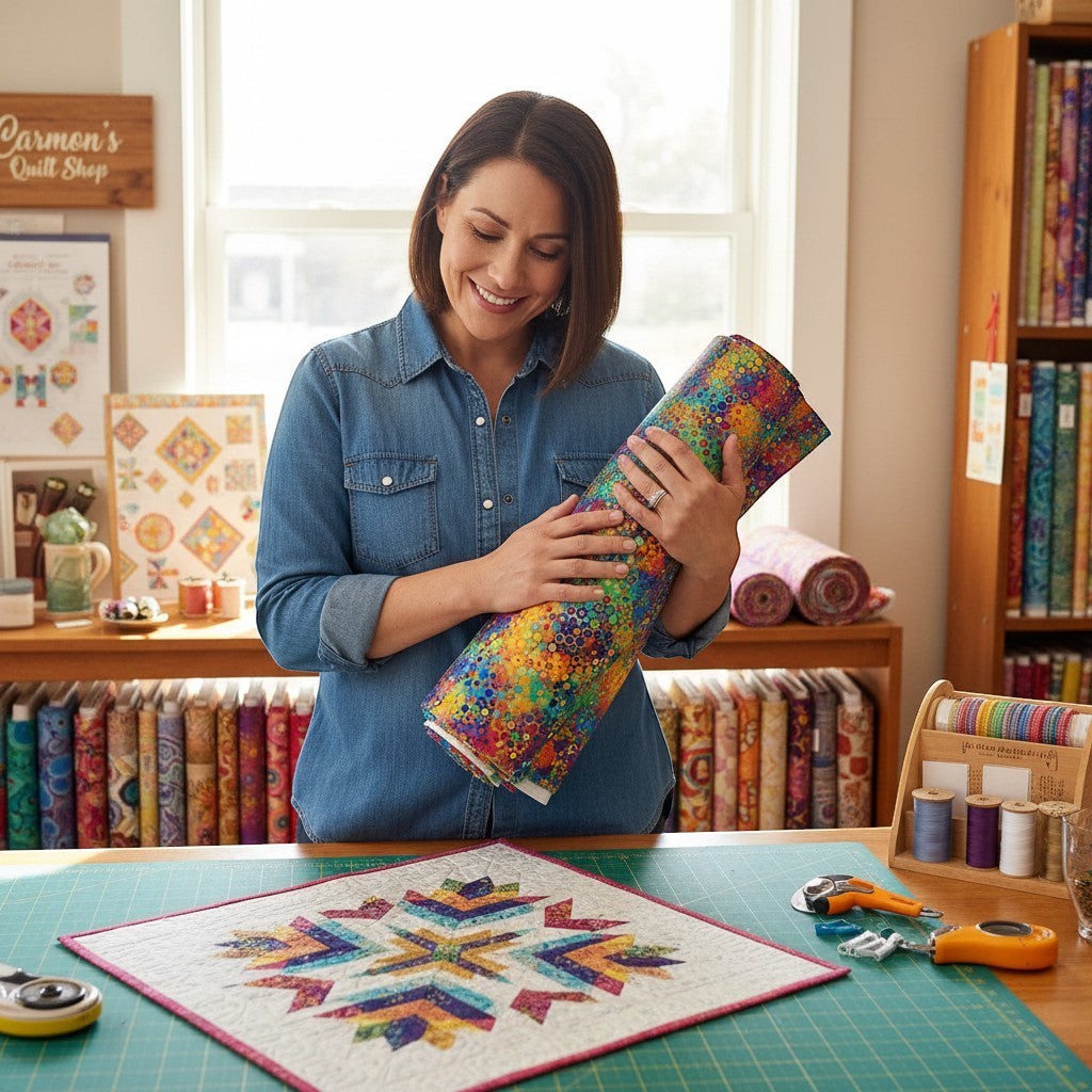 Carmon's Quilt Shop Fiesta Phantasma wide 108" cotton fabric roll with geometric honeycomb pattern in vibrant rainbow colors.