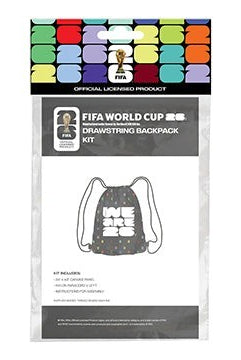 Carmon's Quilt Shop FIFA World Cup 2022 drawstring backpack kit with black fabric, colorful polka dots, and "WE ARE 2022" slogan.