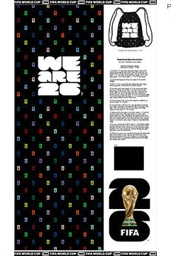 Carmon's Quilt Shop FIFA World Cup 2022 drawstring backpack kit panel with black background, colorful polka dots, and "WE ARE 2022" text.