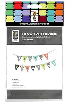FIFA World Cup 2026 Bunting Kit from Carmon's Quilt Shop, featuring colorful pennants with graphics and patterns.
