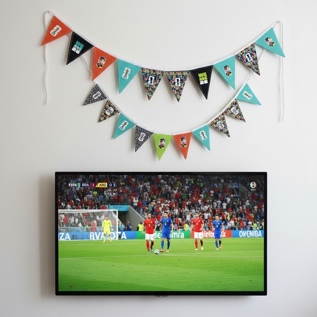 Carmon's Quilt Shop FIFA World Cup 2026 bunting kit with colorful pennants featuring football graphics and patterns.