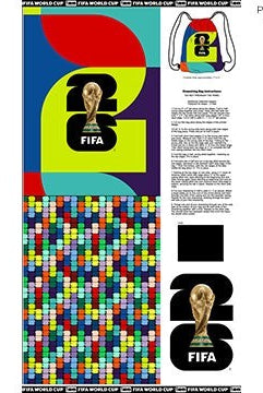 Carmon's Quilt Shop FIFA World Cup 26 drawstring backpack kit panel, 24" x 43", featuring colorful abstract designs and trophy graphics.