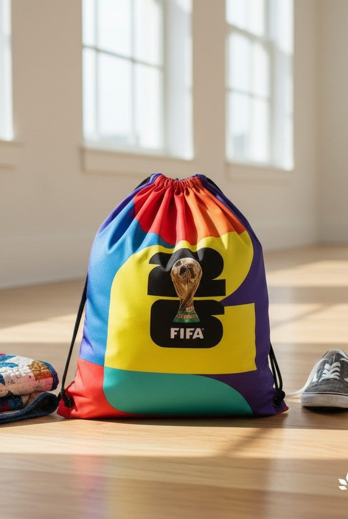 Carmon's Quilt Shop FIFA World Cup 26 drawstring backpack kit with colorful geometric pattern and trophy logo.