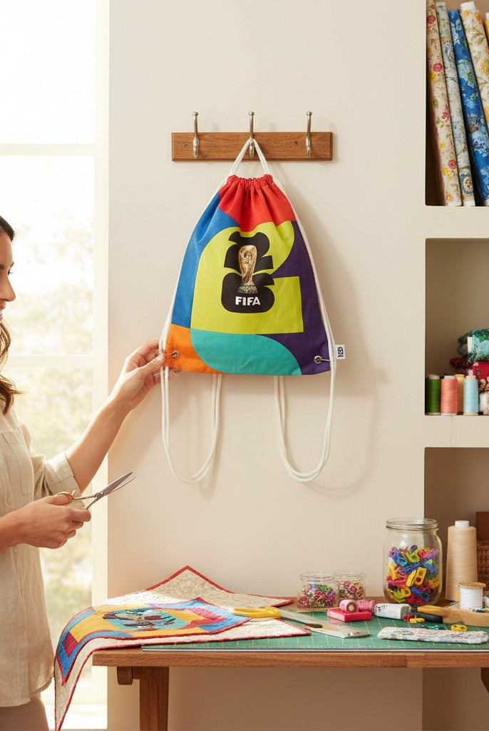 Carmon's Quilt Shop FIFA World Cup 26 drawstring backpack kit with colorful panels and trophy graphic.