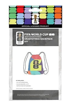 Carmon's Quilt Shop FIFA World Cup 26 Drawstring Backpack Kit with colorful panel and instructions.