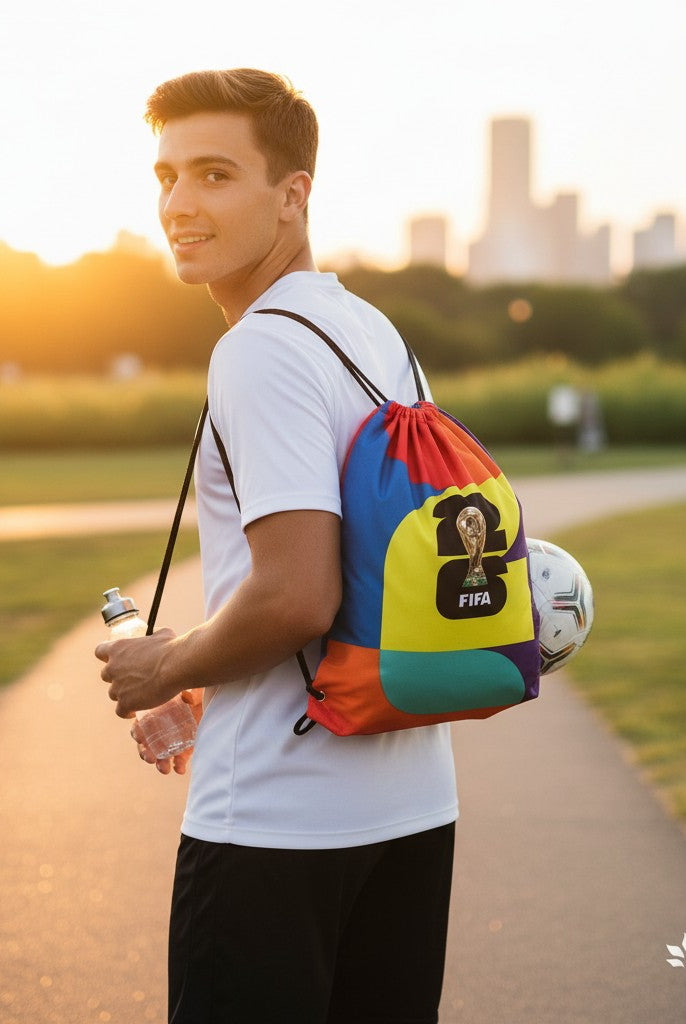 Carmon's Quilt Shop FIFA World Cup 26 drawstring backpack kit with colorful panels and FIFA logo, worn by a young man holding a water bottle.