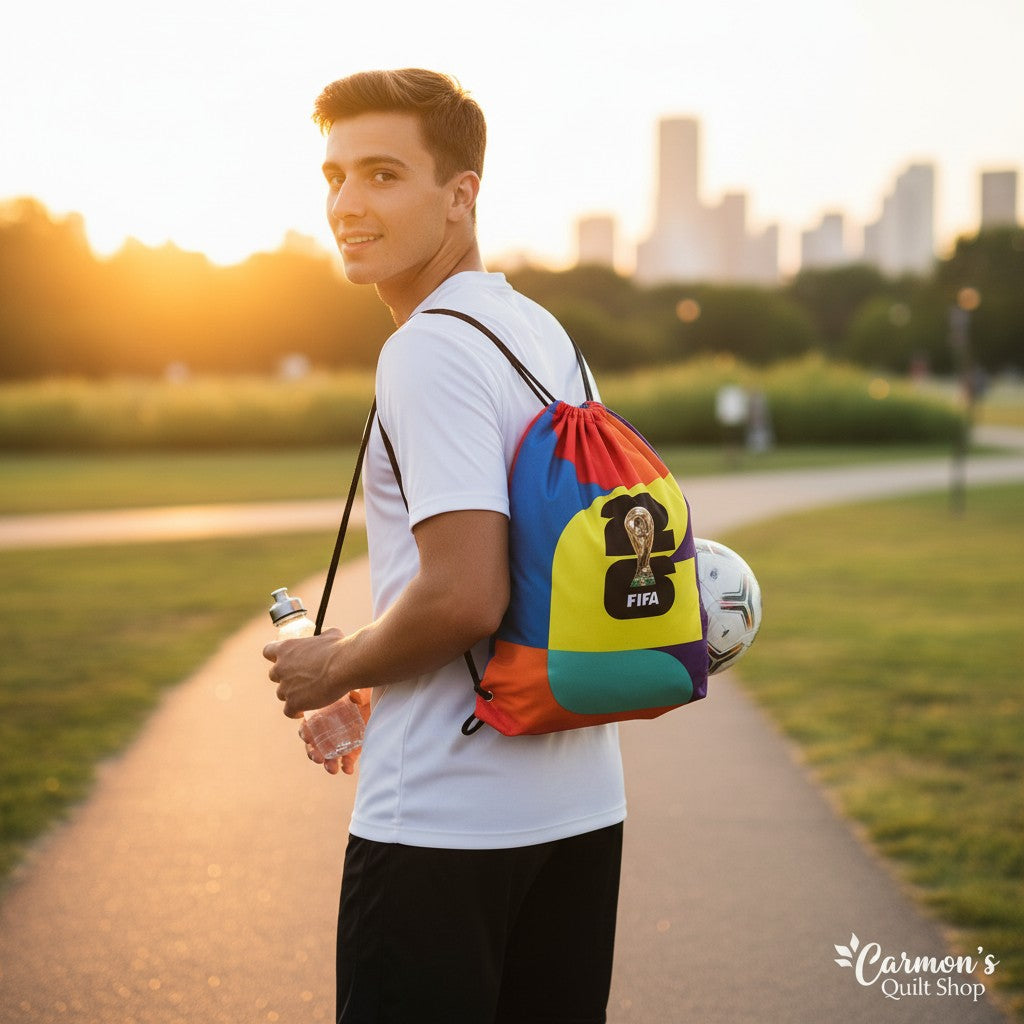 Carmon's Quilt Shop FIFA World Cup 26 drawstring backpack kit with colorful panels and FIFA logo, worn by a young man holding a water bottle.