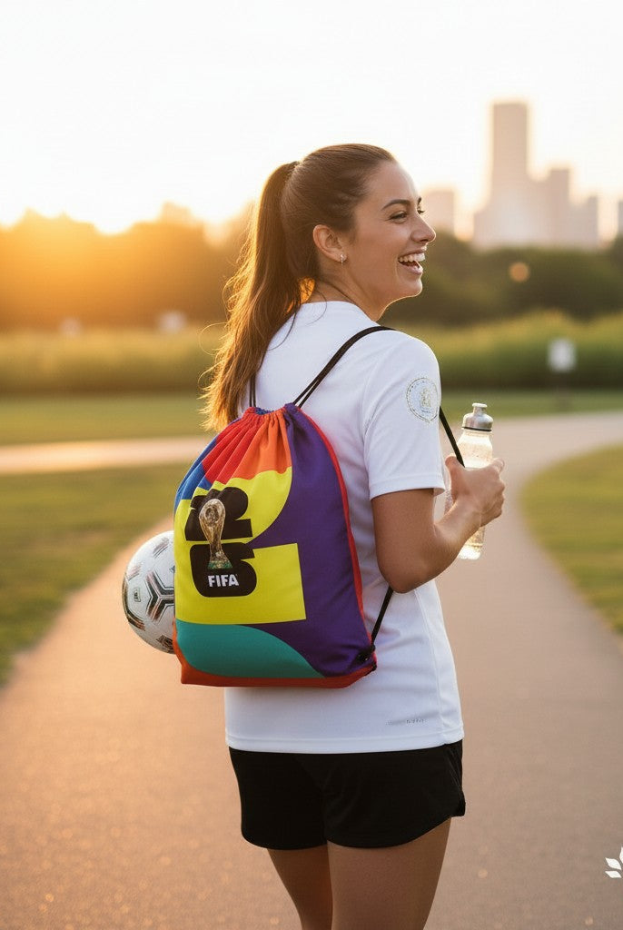 Carmon's Quilt Shop FIFA World Cup 26 drawstring backpack kit with colorful panels and FIFA logo, worn by a woman with a soccer ball.