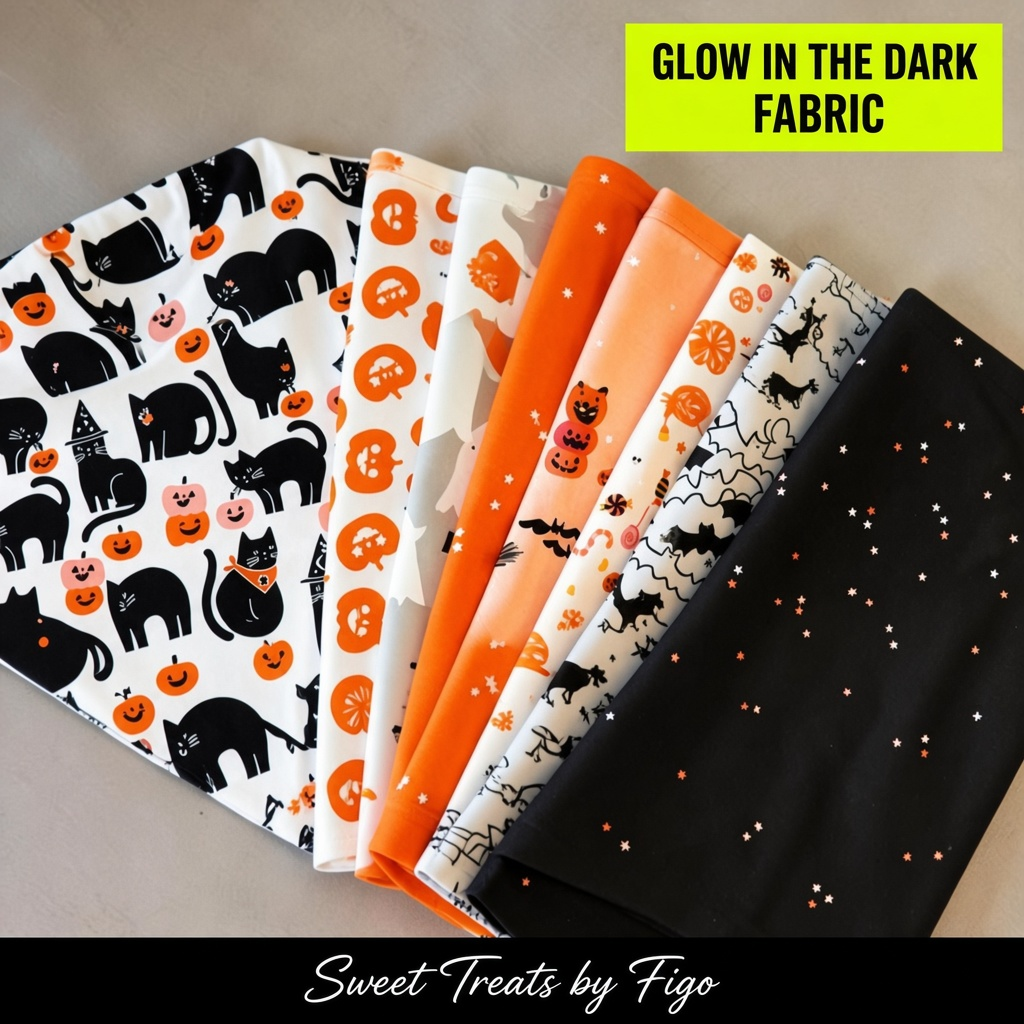 Carmon's Quilt Shop FIGO Fabrics Sweet Treat collection featuring glow in the dark Halloween cotton fabric prints