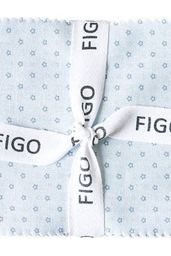 Carmon's Quilt Shop Figo Nest charm pack featuring 42 light blue cotton squares with small star prints and ribbon tie