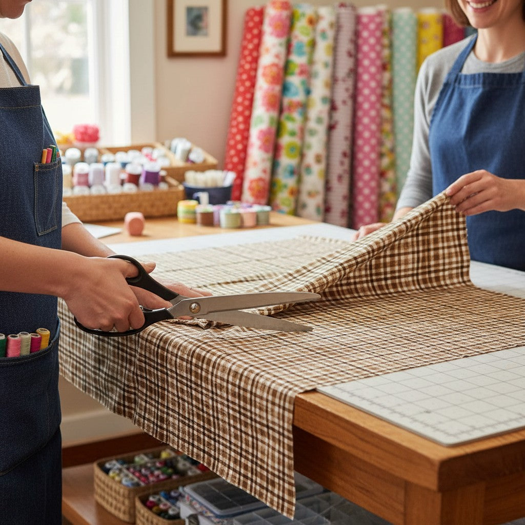 Carmon's Quilt Shop staff cutting Figo Snowbound Carmel rustic plaid cotton fabric on a wooden table in a quilt shop.