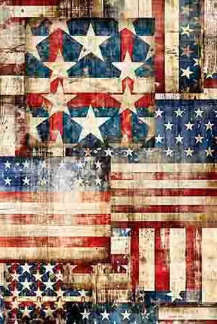 Carmon's Quilt Shop QT Fabrics 108 inch wide cotton quilting fabric featuring a rustic Americana flag patchwork design.
