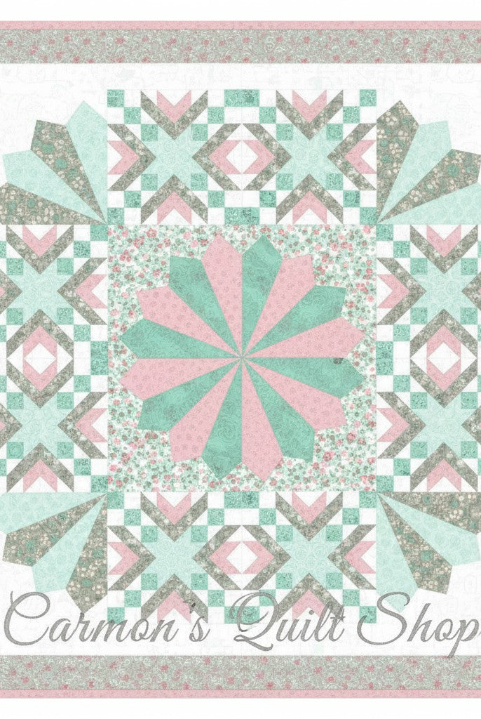 Carmon's Quilt Shop Floating Dresden quilt kit featuring floral Quilting In Bloom cotton fabric in pink and mint