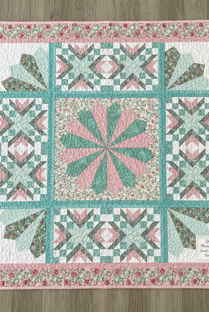 Carmon's Quilt Shop Floating Dresden quilt kit in floral pink and teal cotton fabric with intricate pieced patterns.