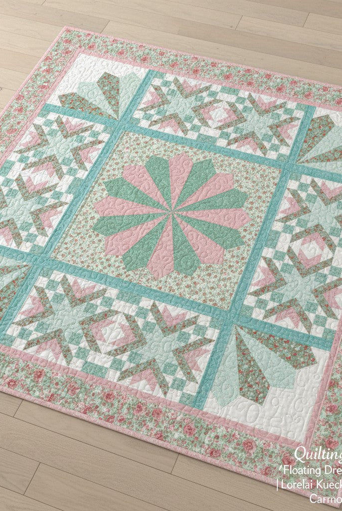 Carmon's Quilt Shop Quilting In Bloom Floating Dresden cotton quilt kit featuring floral pink and teal patterns.