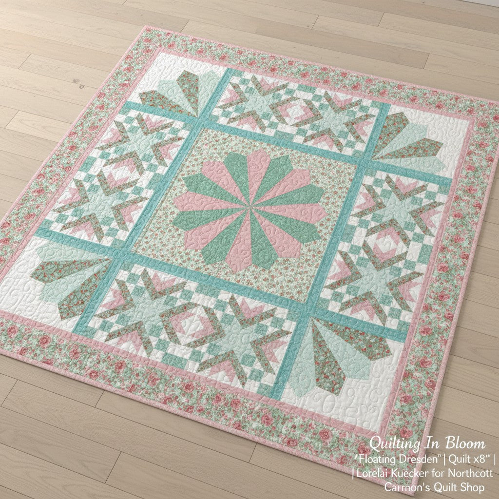 Carmon's Quilt Shop Quilting In Bloom Floating Dresden cotton quilt kit featuring floral pink and teal patterns.