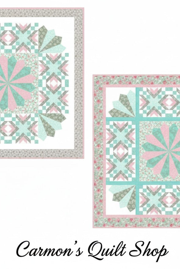 Carmon's Quilt Shop Floating Dresden quilt kit featuring floral Quilting In Bloom cotton fabric in pink and teal.