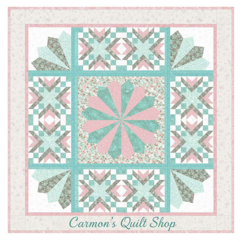 Carmon's Quilt Shop Floating Dresden quilt kit featuring floral Northcott cotton fabrics in pink, teal, and grey.