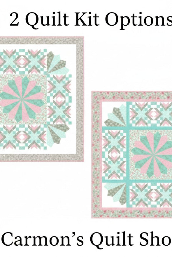 Carmon's Quilt Shop Floating Dresden quilt kit featuring floral Quilting In Bloom cotton fabrics in pink and teal.