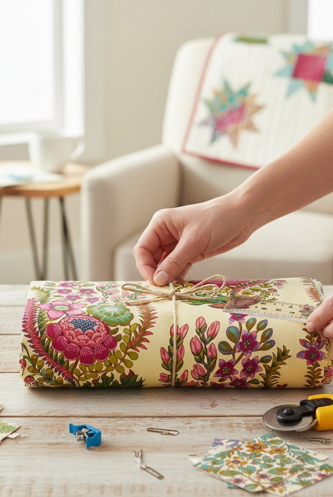 Carmon's Quilt Shop Outstretched Cream Backing 108" fabric with vibrant floral botanical print in fuchsia, pink, green, and rust on pale yellow.