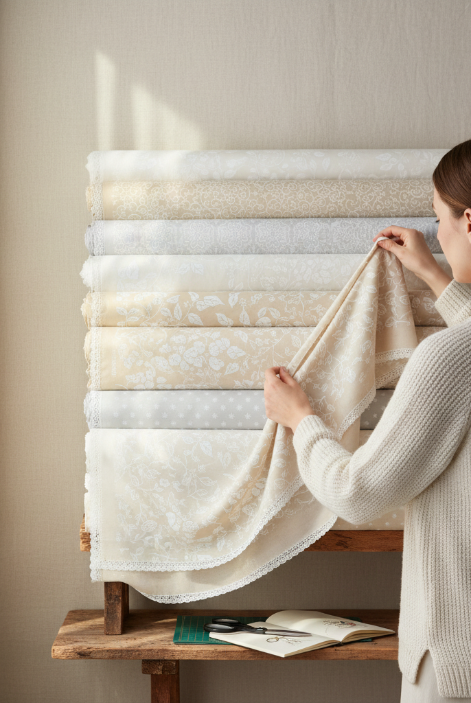 Carmon's Quilt Shop employee selecting Light As Air floral cotton fabric from a stack of rolls in a bright studio