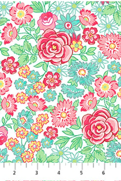Carmon's Quilt Shop Quilting in Bloom white cotton fabric featuring large pink roses and multi-colored floral print