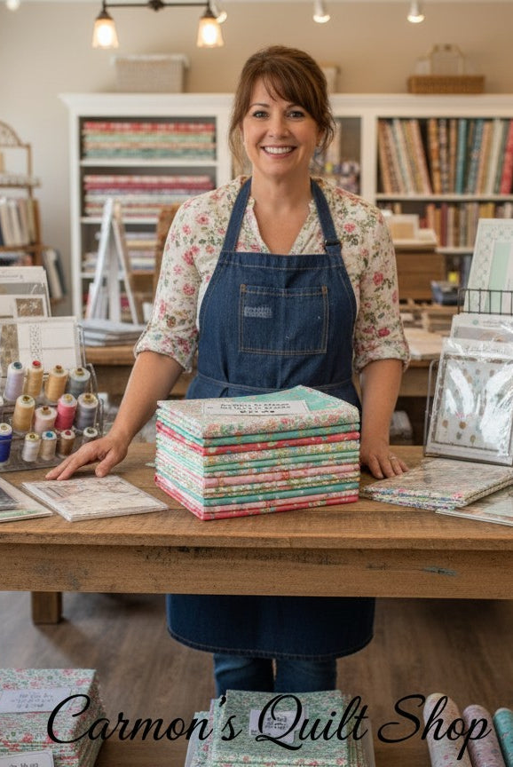 Carmon's Quilt Shop owner with Quilting in Bloom floral cotton fat quarter bundle in a bright fabric store