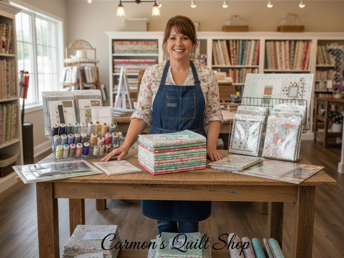 Carmon's Quilt Shop owner with Quilting in Bloom floral cotton fat quarter bundle in a bright fabric store