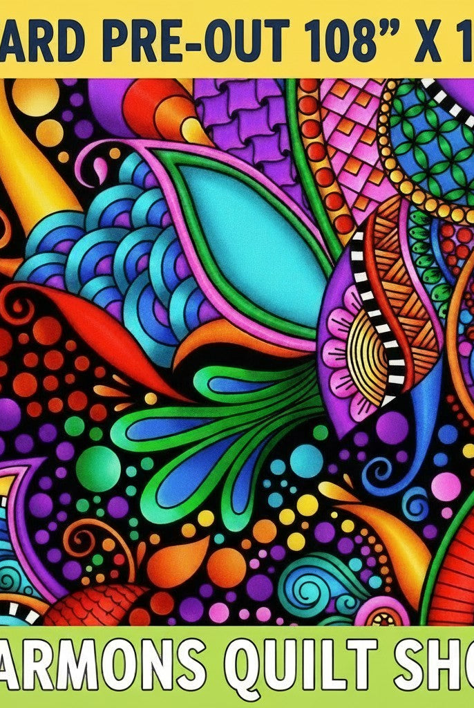 Carmon's Quilt Shop 108-inch wide cotton quilting fabric featuring a vibrant floral and geometric pattern in multi-color