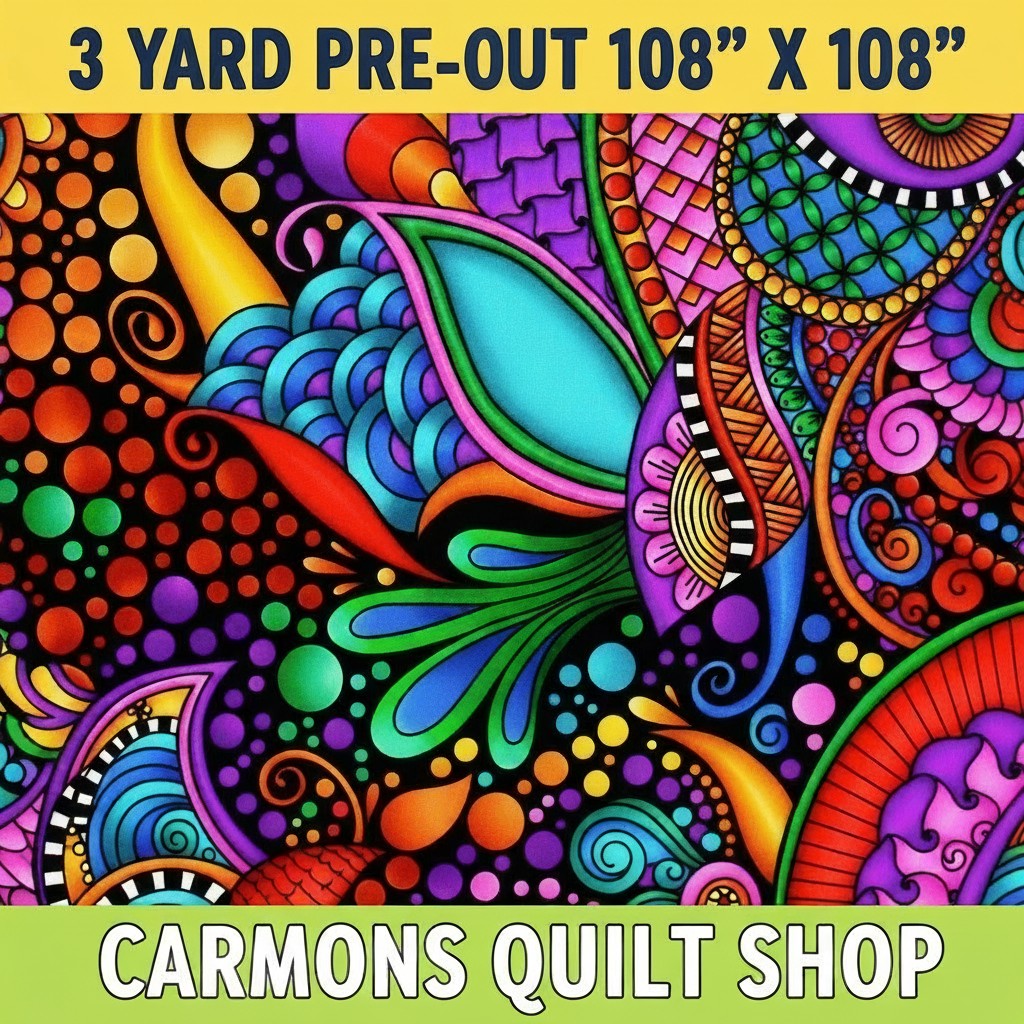 Carmon's Quilt Shop 108-inch wide cotton quilting fabric featuring a vibrant floral and geometric pattern in multi-color