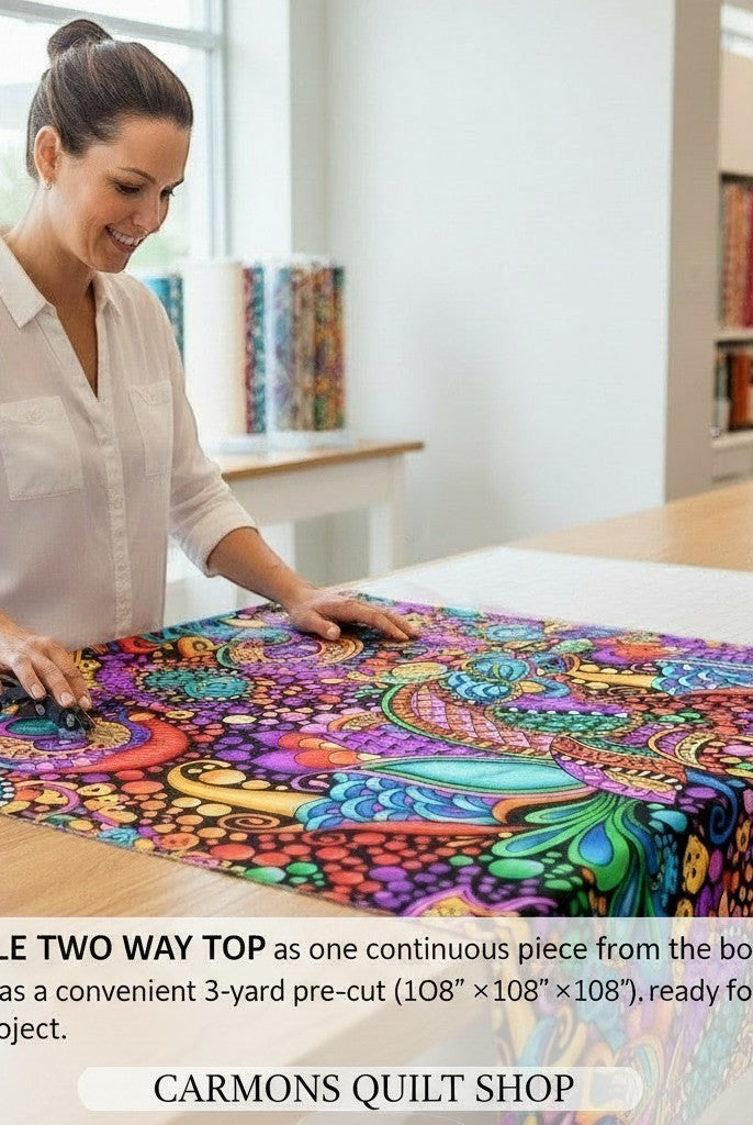 Carmon's Quilt Shop woman cutting vibrant floral geometric 108-inch wide cotton quilting fabric on a wooden table