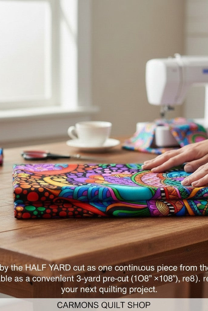 Carmon's Quilt Shop 108 inch wide cotton fabric with vibrant floral and geometric patterns on a black background