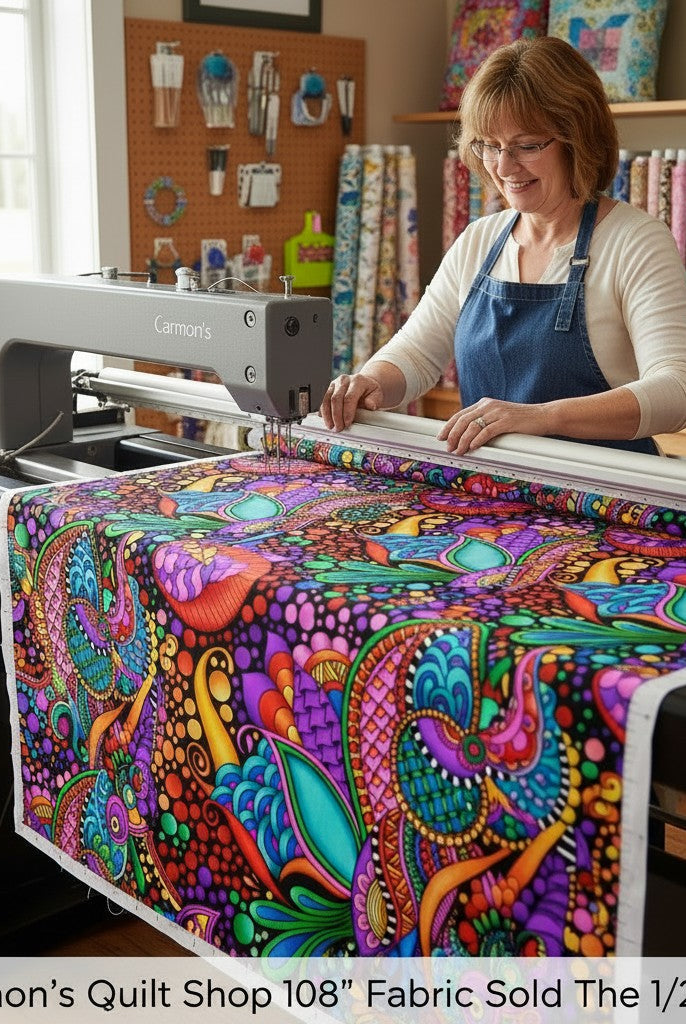 Carmon's Quilt Shop woman using a longarm machine to quilt vibrant multi-colored floral geometric cotton fabric