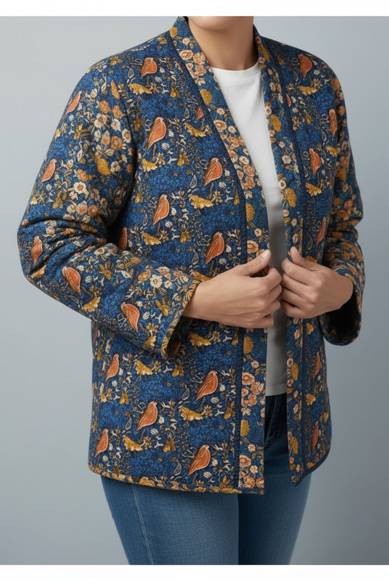Carmon's Quilt Shop quilted patchwork jacket with blue floral and bird print worn by a person over a white shirt