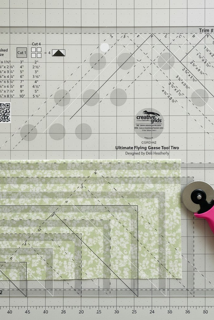 Carmon's Quilt Shop Creative Grids Ultimate Flying Geese Tool Two, a 9.5" x 9.5" acrylic quilting ruler with markings for multiple sizes.