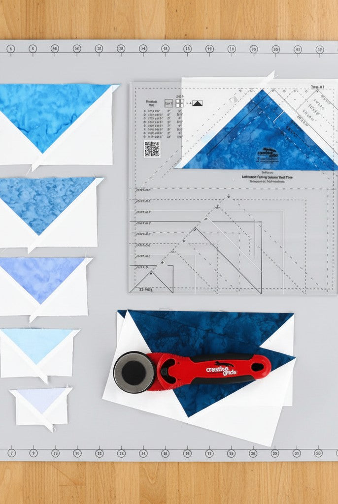 Carmon's Quilt Shop Creative Grids Ultimate Flying Geese Tool Two quilting ruler with blue fabric pieces and rotary cutter.