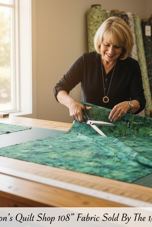 Carmon's Quilt Shop woman cutting forest green mottled 108-inch wide cotton quilting fabric on a wooden table.