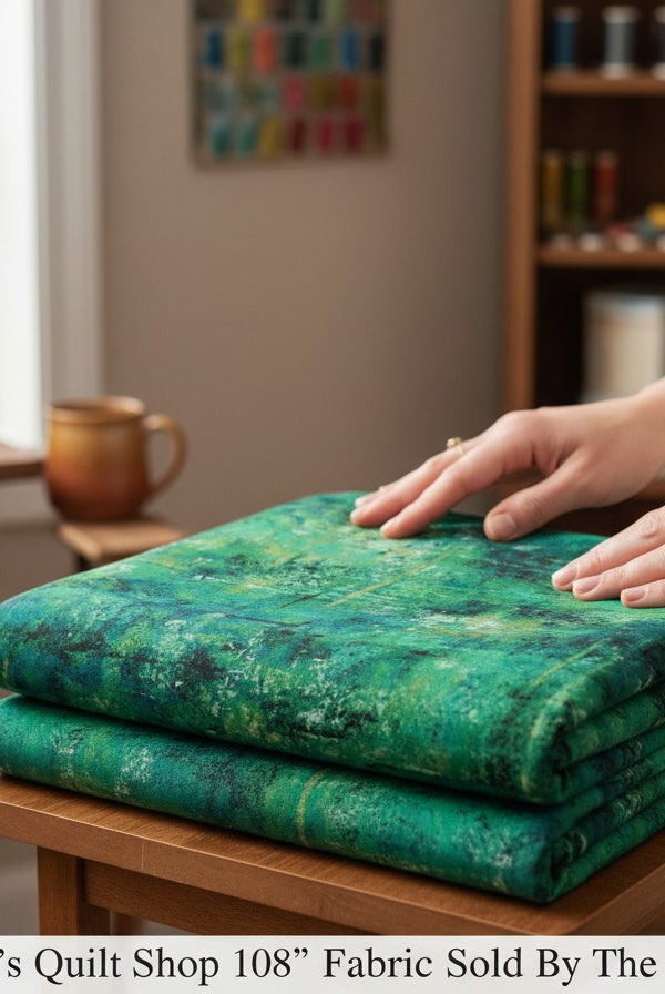 Carmon's Quilt Shop QT Fabrics mottled forest green 108-inch wide cotton quilting fabric folded on a wooden table