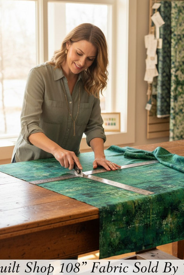 Carmon's Quilt Shop woman cutting forest green mottled blender 108-inch wide quilting cotton fabric on a wooden table.