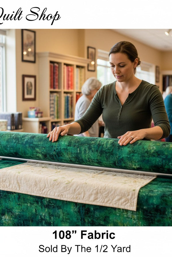 Carmon's Quilt Shop 108 inch wide forest green mottled cotton quilting fabric on a longarm machine