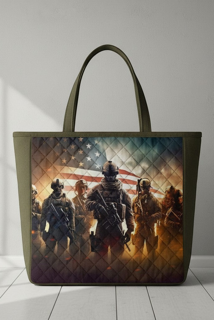 Carmon's Quilt Shop tote bag featuring a Freedom Forces military squad print with an American flag on quilted cotton.