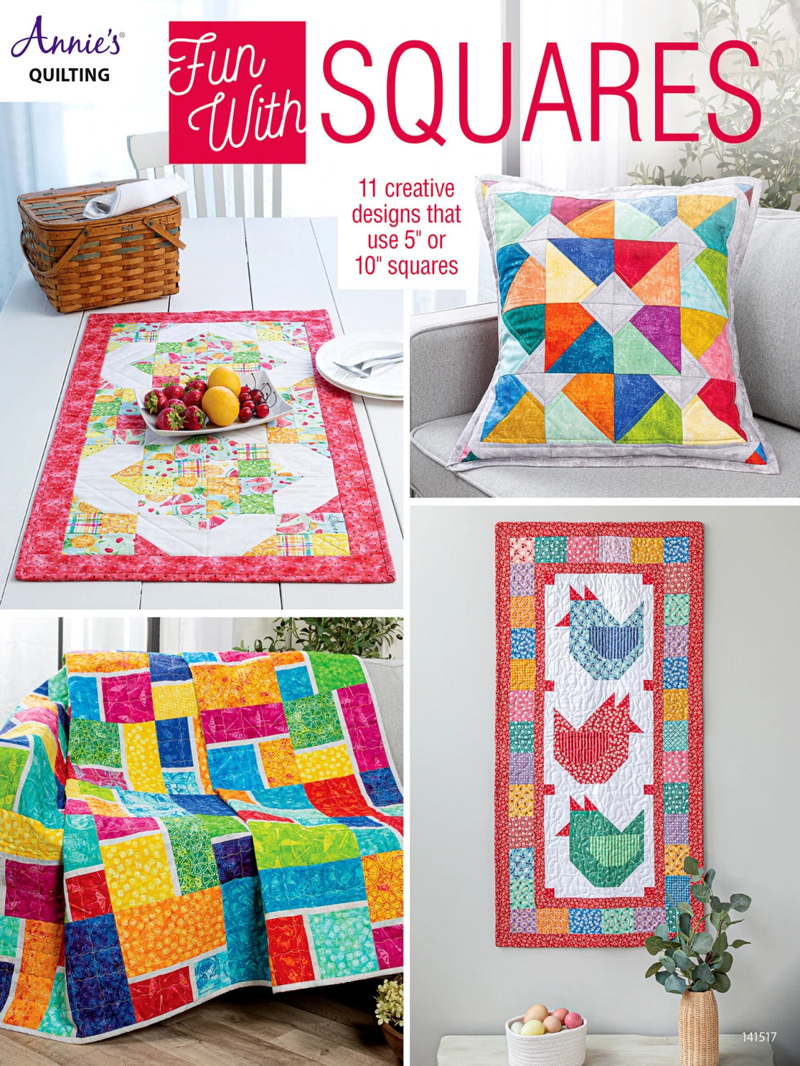 Carmon's Quilt Shop Fun With Squares pattern book featuring colorful geometric quilt, table runner, and pillow designs.