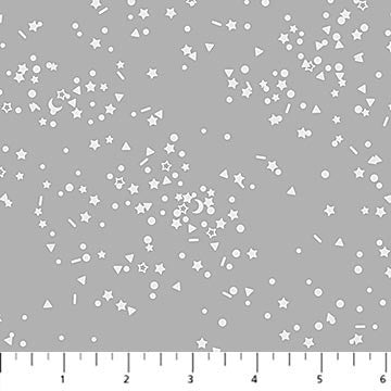 Carmon's Quilt Shop FIGO Fabrics Sweet Treat gray cotton quilting fabric with white stars, moons, and confetti shapes