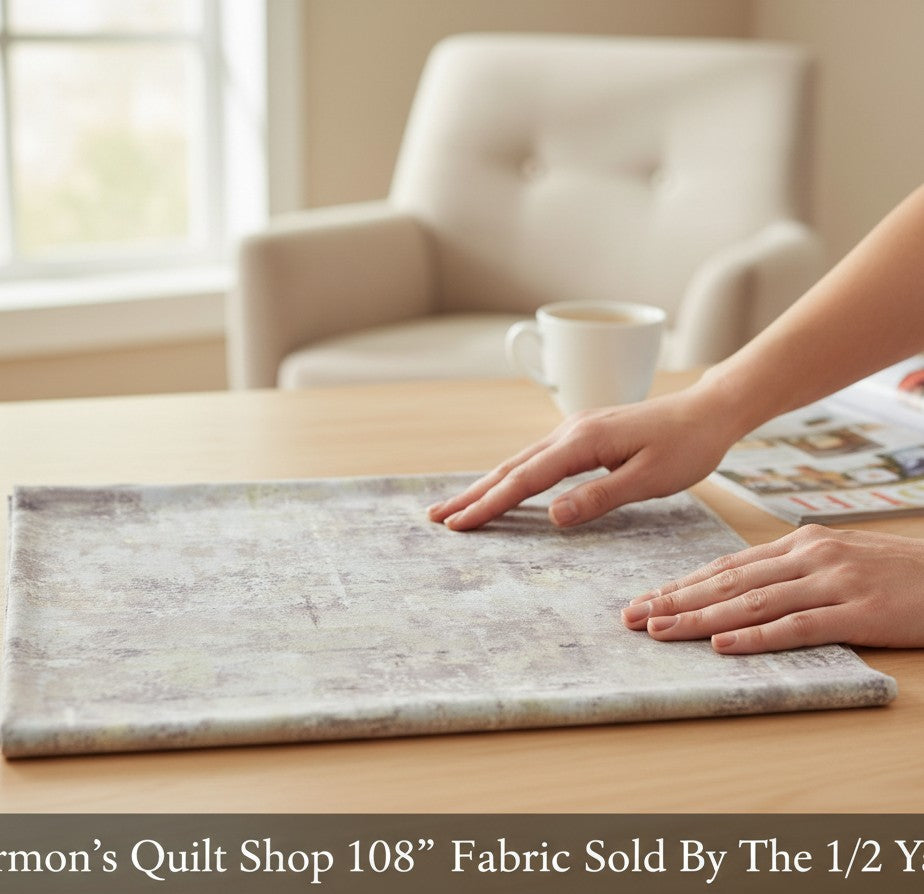 Carmon's Quilt Shop gray mottled blender quilting cotton fabric with a textured pattern on a wooden table