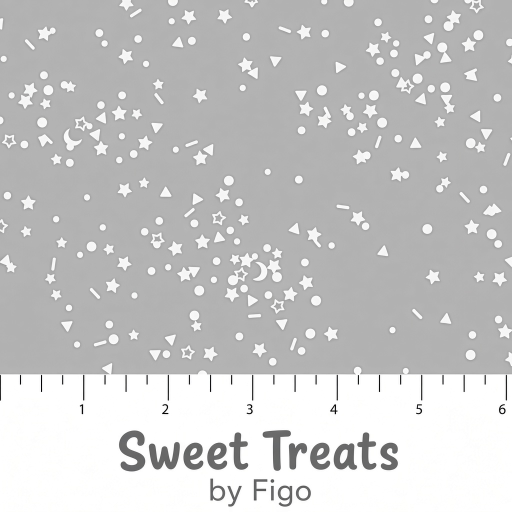 Carmon's Quilt Shop FIGO Fabrics Sweet Treat gray quilting cotton with white sprinkle, star, and moon patterns