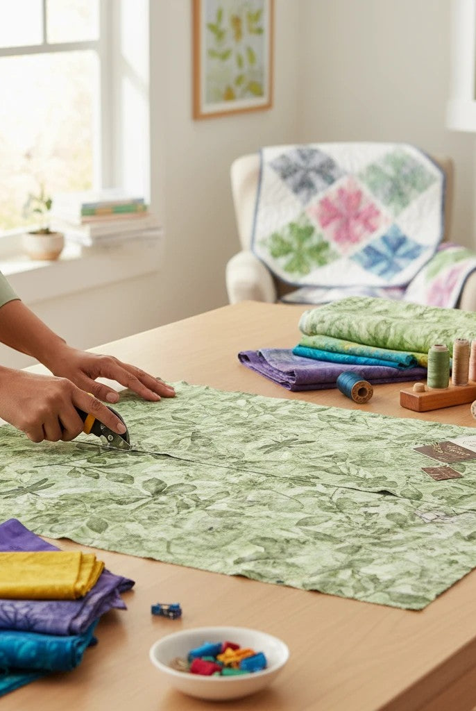 Carmon's Quilt Shop Got Your Back leaf print 108-inch wide green cotton fabric being cut on a wooden table.