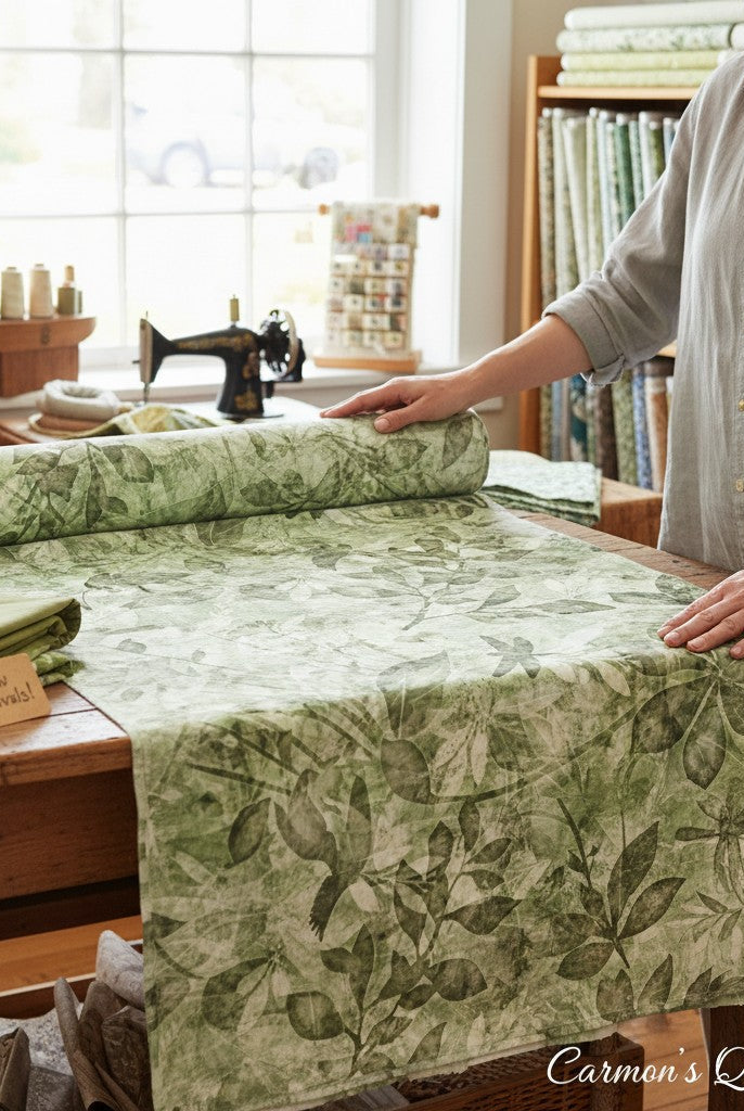 Carmon's Quilt Shop wide green botanical cotton fabric with leaf and dragonfly print unrolled on a wooden table.
