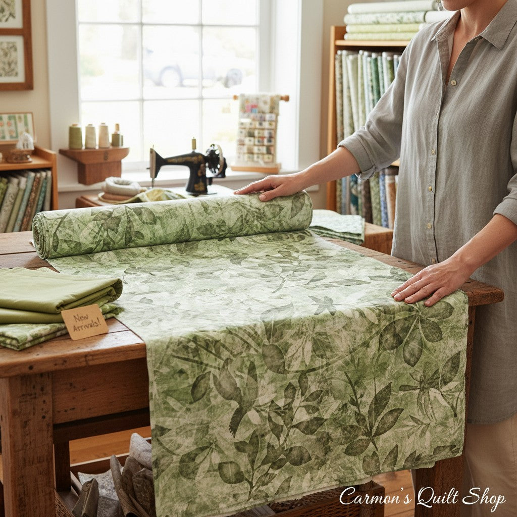Carmon's Quilt Shop wide green botanical cotton fabric with leaf and dragonfly print unrolled on a wooden table.