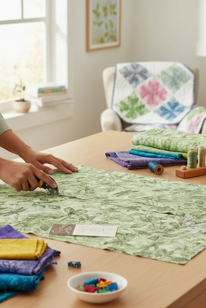 Carmon's Quilt Shop Got Your Back leaf print 108-inch wide green cotton quilting fabric being cut on a wooden table.